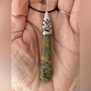 Handmade Unakite Obelisk Pendant Leather Slider Necklace